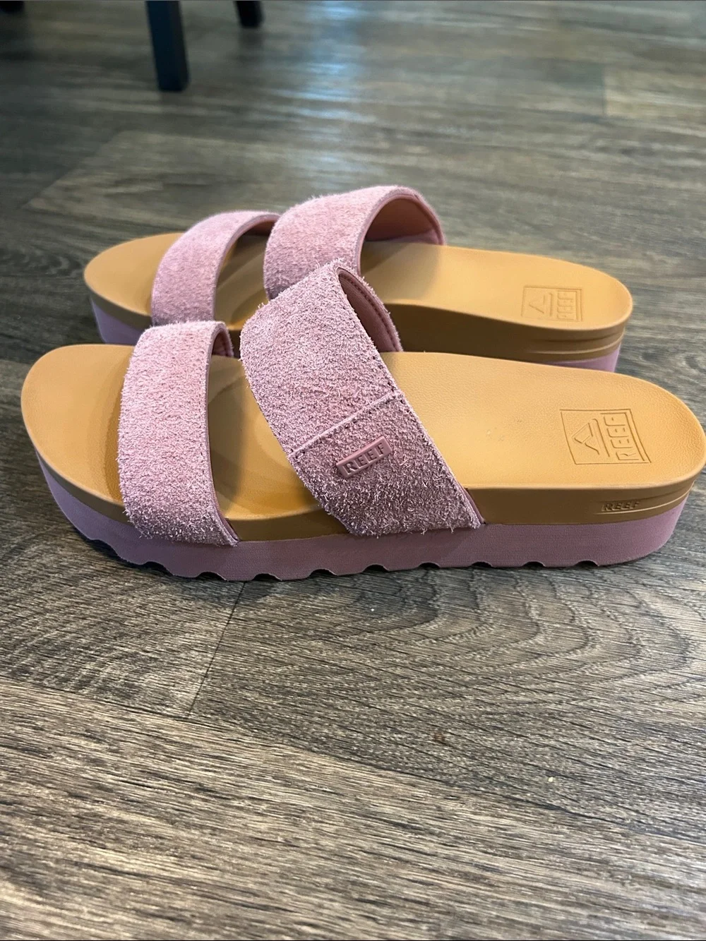 Reef Women’s Suede Double-Strap Slide Sandals in Dusty Pink and Tan